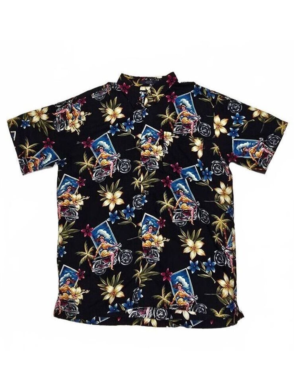 Marc Edwards Men's Black Rayon Hawaiian Shirt with Floral and Motorcycle Print